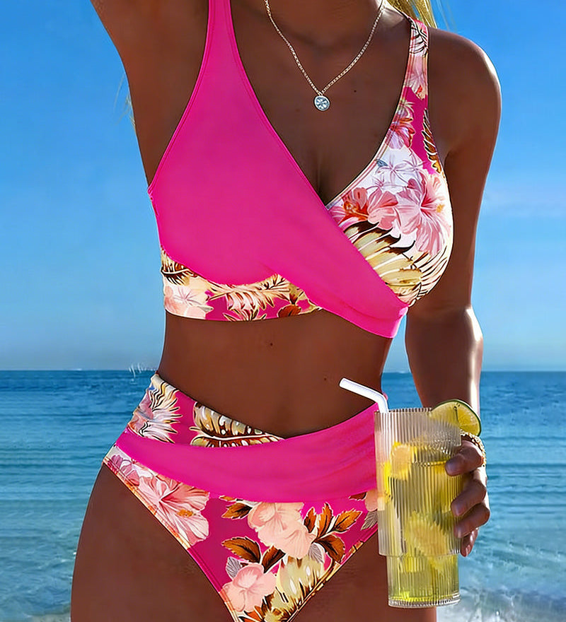 Bikini con stampa floreale a contrasto e spacco