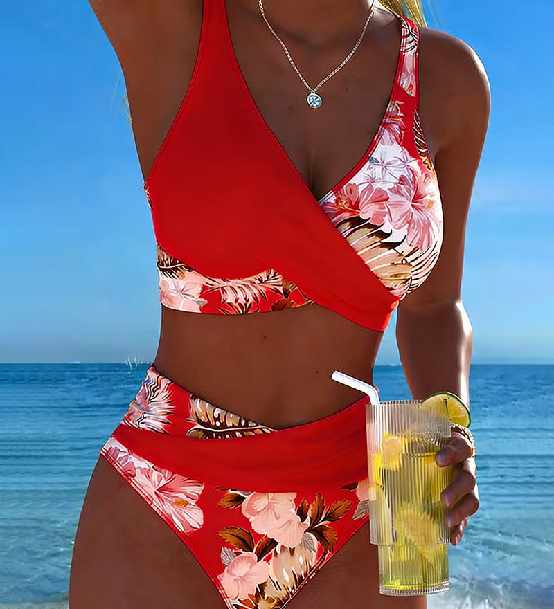 Bikini con stampa floreale a contrasto e spacco