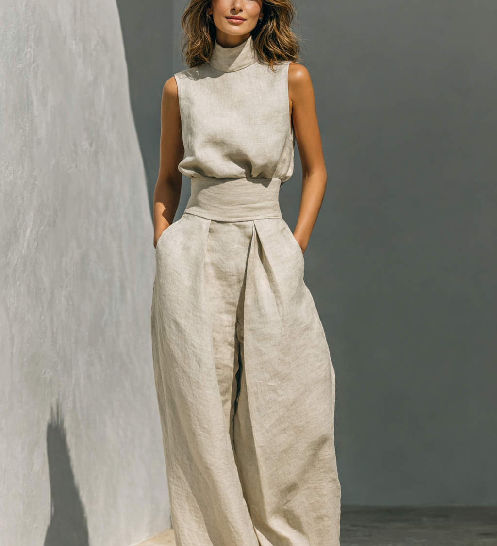 Maria - Completo di canotta e pantaloni larghi in cotone e lino minimalista per donna