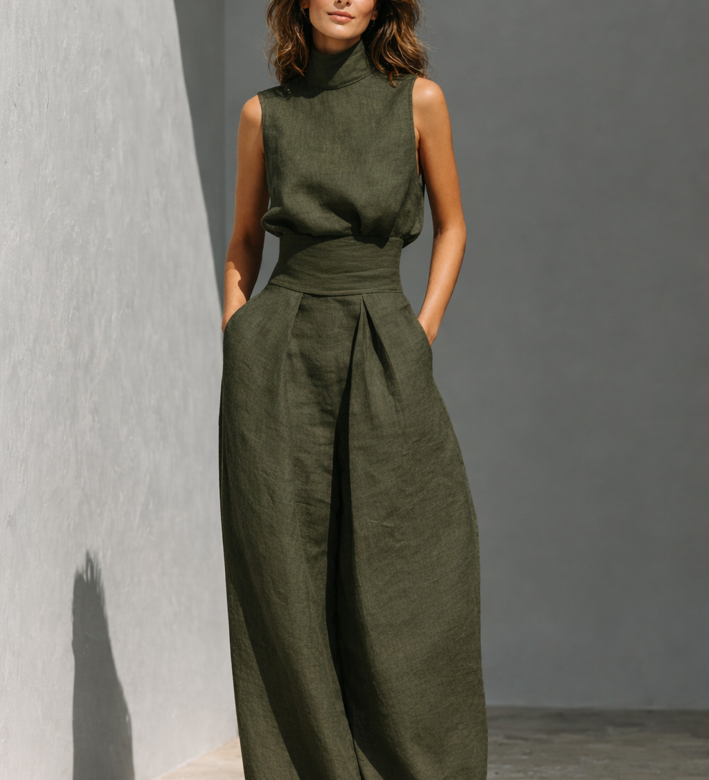 Maria - Completo di canotta e pantaloni larghi in cotone e lino minimalista per donna