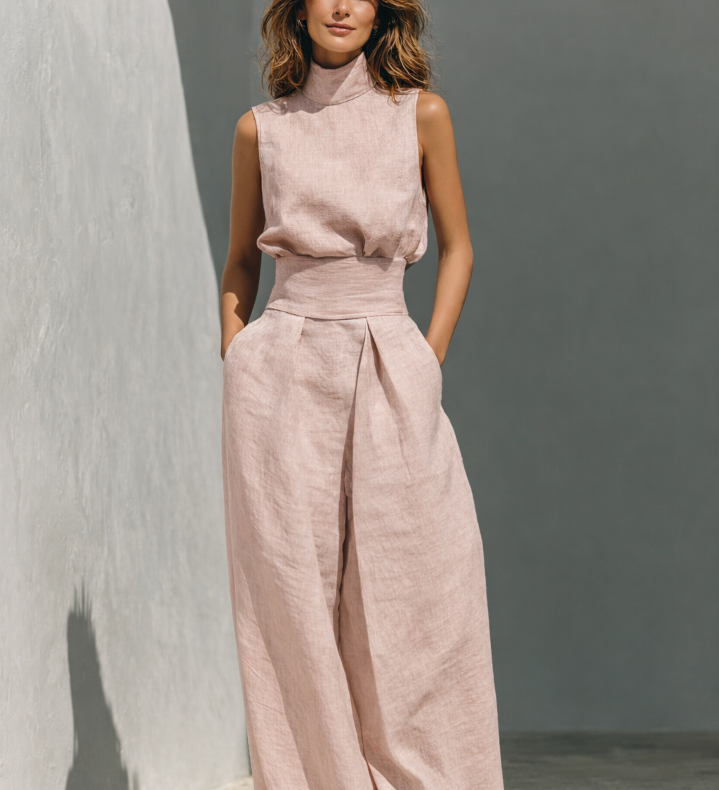 Maria - Completo di canotta e pantaloni larghi in cotone e lino minimalista per donna