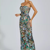 Annebel - Abito lungo ricamato con fiori blu