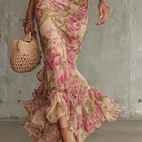 Fiora - Abito lungo con stampa vintage a rose e maniche a sbuffo