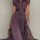 Flavia - Abito lungo viola con scollo a goccia e bordo in pizzo di chiffon