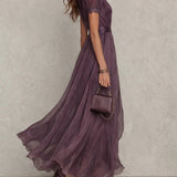 Flavia - Abito lungo viola con scollo a goccia e bordo in pizzo di chiffon