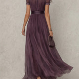 Flavia - Abito lungo viola con scollo a goccia e bordo in pizzo di chiffon
