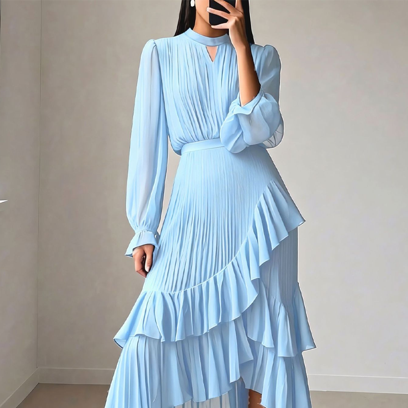 Elegante abito midi plissettato con volant